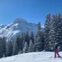 Skifahrer und Kind auf Skipiste mit verschneiten Bergen und Bäumen und blauem Himmel