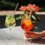 Zwei Aperitif-Getränke auf einem Tisch im Gastgarten des Café-Restaurant Resselpark Wien – sonnige Parklage, entspannte Atmosphäre und ideal für einen Drink im Grünen nahe Karlsplatz.