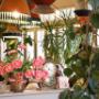 Detailaufnahme von Blumen, Lampen und dekorativen Elementen, die für eine gemütliche und verspielte Atmosphäre im Innenbereich sorgen. Einzigartiges Ambiente im Ponykarussell im Wiener Prater.